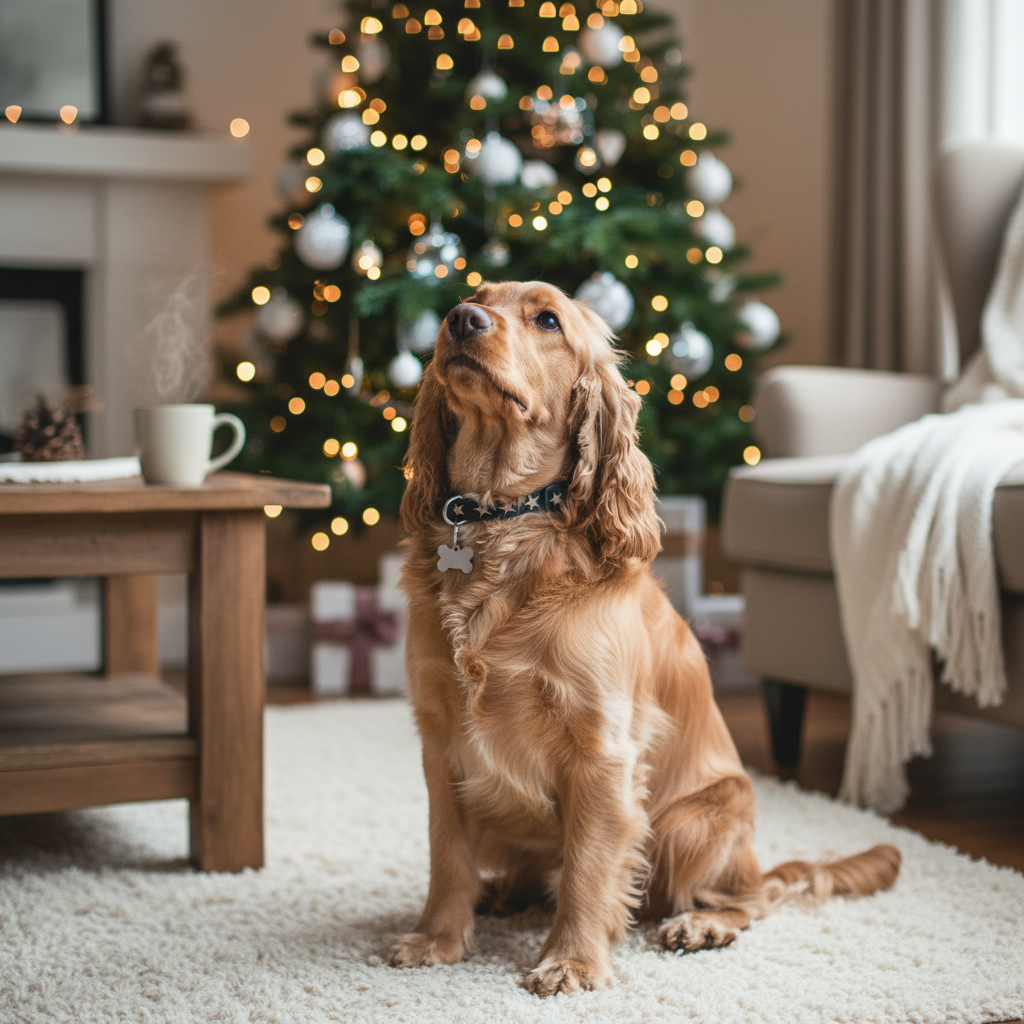 Golden cocker spaniel wearing star collar in cozy home lifestyle setting