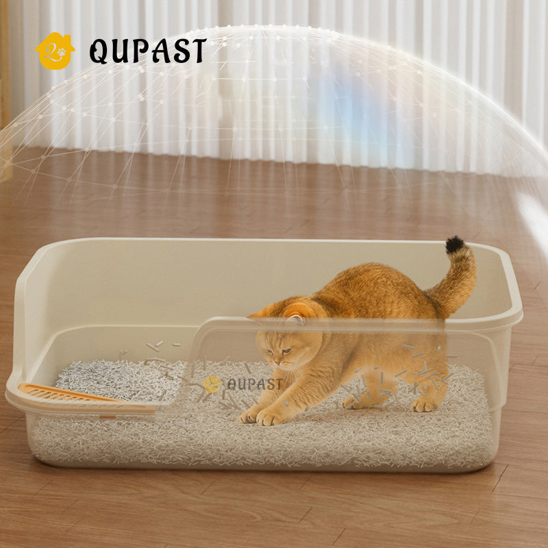 Semi-enclosed cat litter box with heightened anti-splash high fence