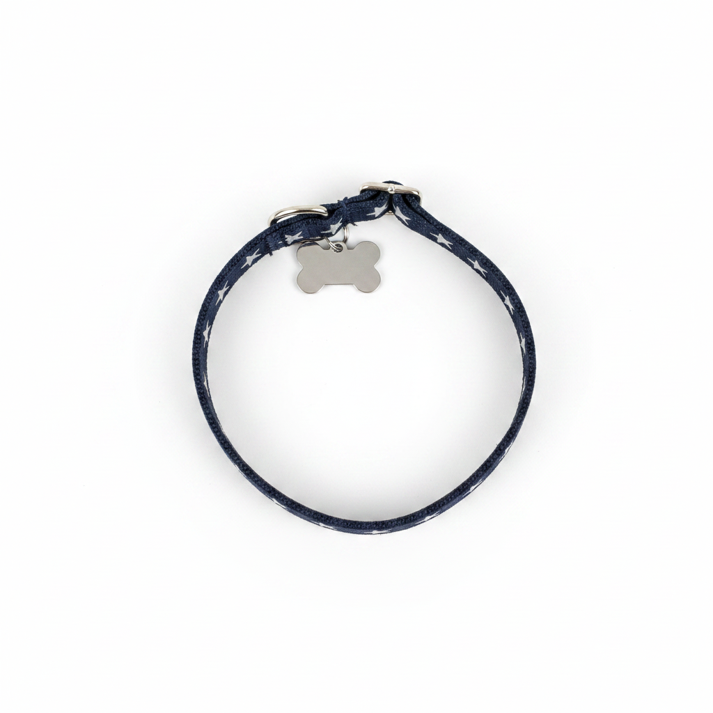 Navy blue star pattern dog collar flat lay top-down view on white background