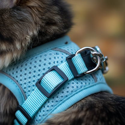 Close-up detail of breathable mesh fabric and metal D-ring