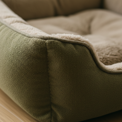 Close-up detail of corduroy fabric texture and sherpa inner lining on dog bed