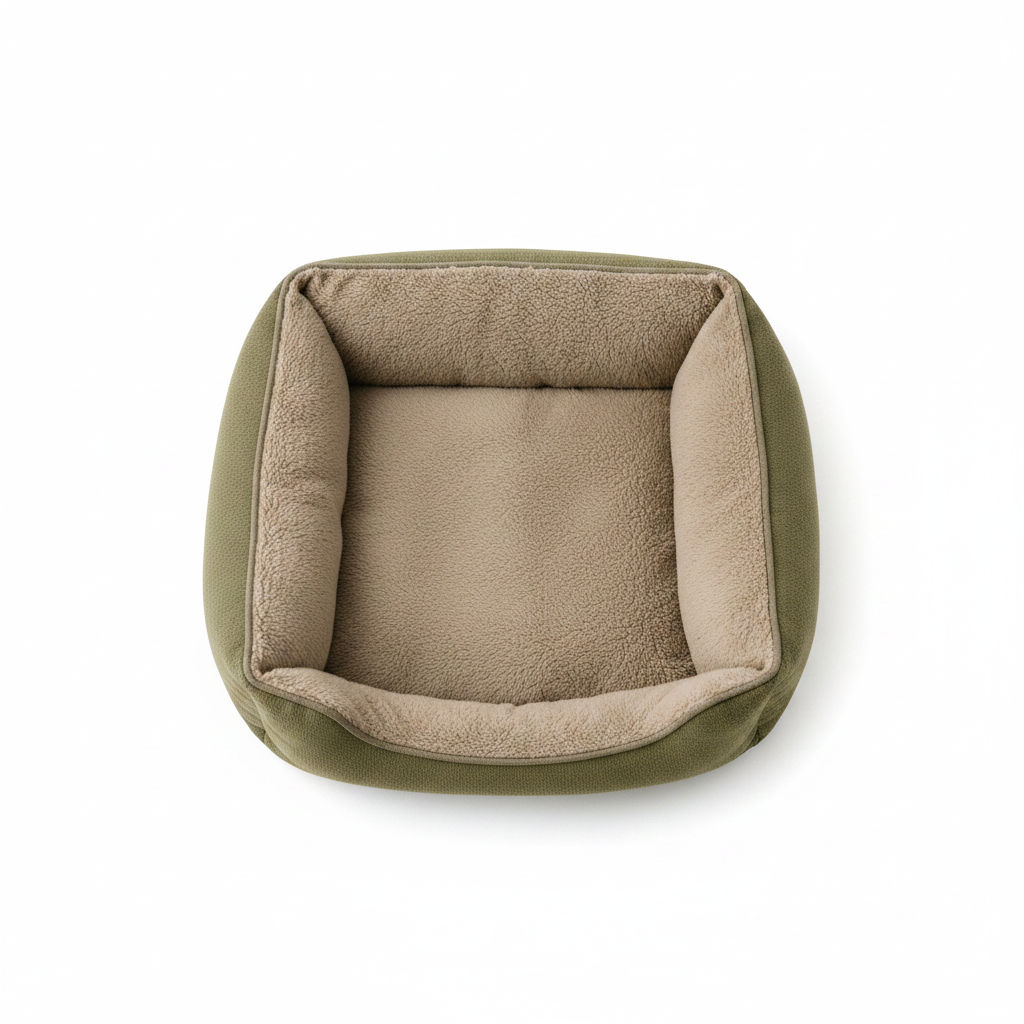 Olive green square bolster dog bed flat lay top-down view on white background