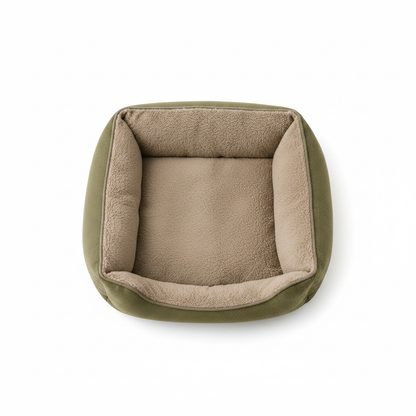 Olive green square bolster dog bed flat lay top-down view on white background