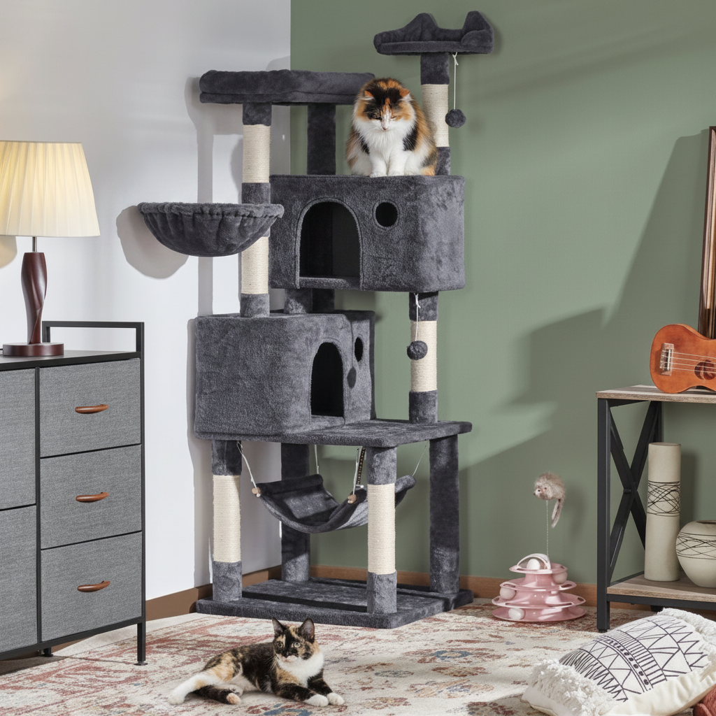 Cat tree tower lifestyle photo in modern living room