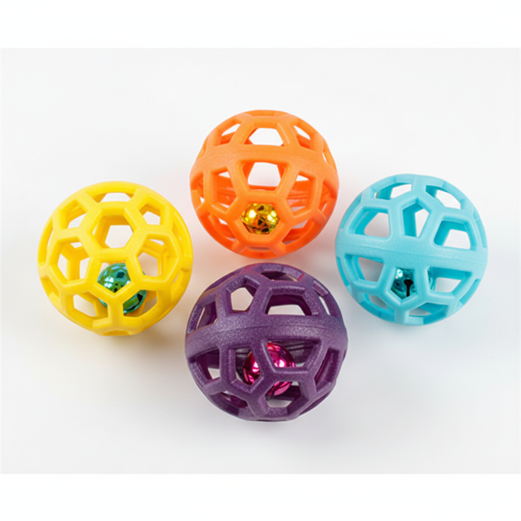 Four jingle balls in diagonal line side view on white background