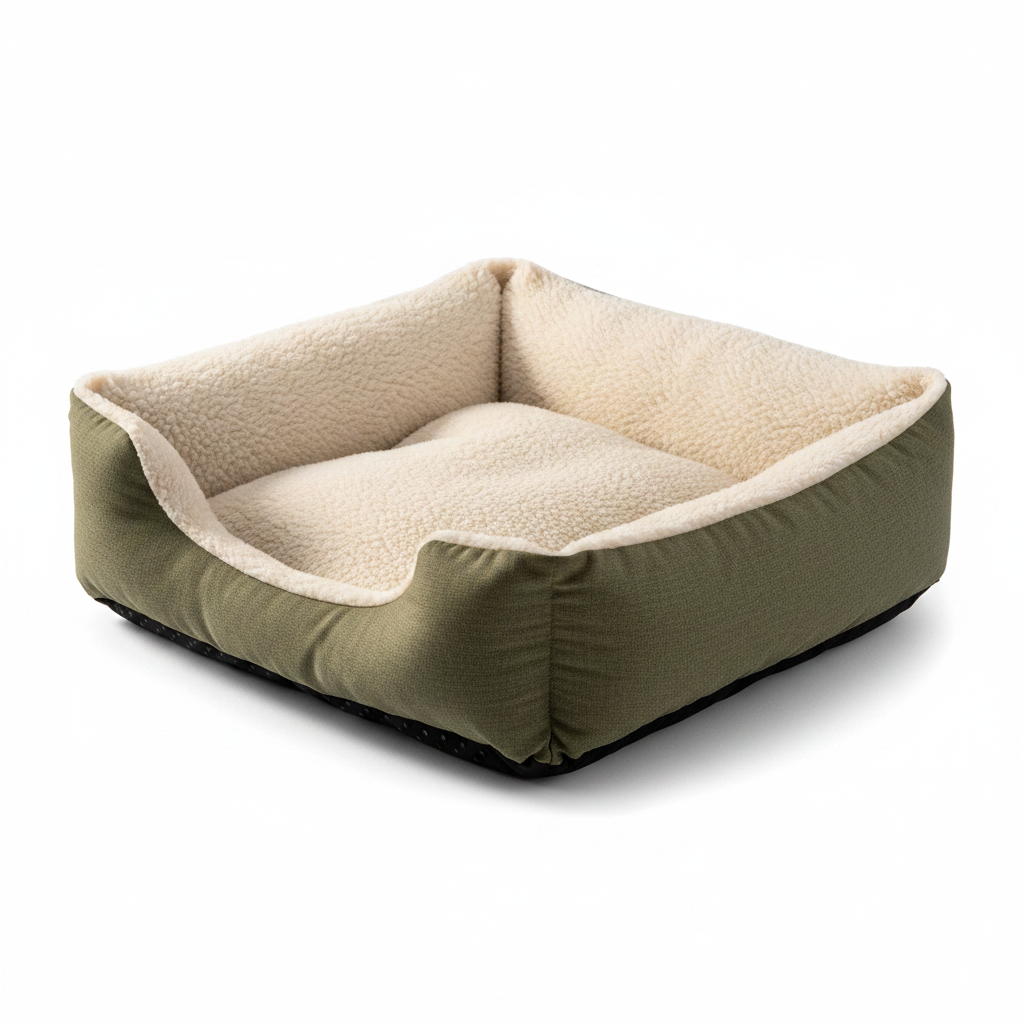 45-degree angle view of olive green bolster dog bed showing raised walls and sherpa lining
