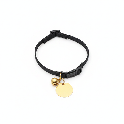 Black cat collar with gold bell and ID tag flat lay on white background