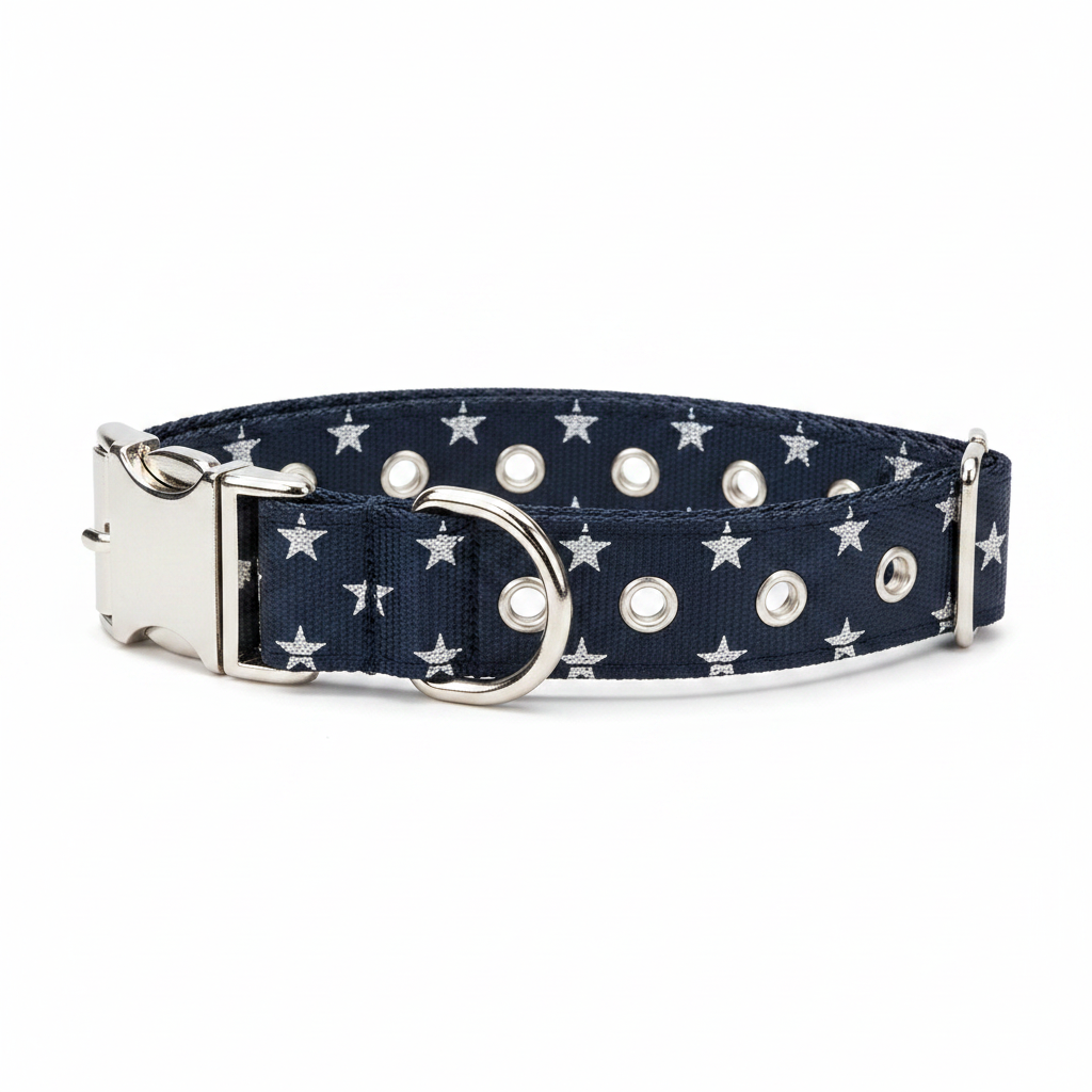 Side view of dog collar showing buckle and D-ring