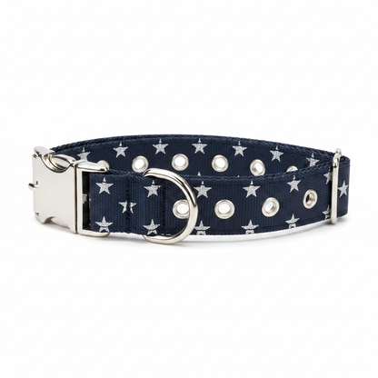 Side view of dog collar showing buckle and D-ring