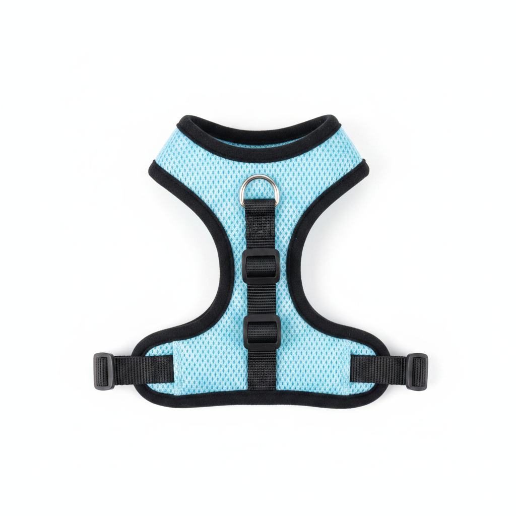 Light blue cat harness flat lay top-down view on white background