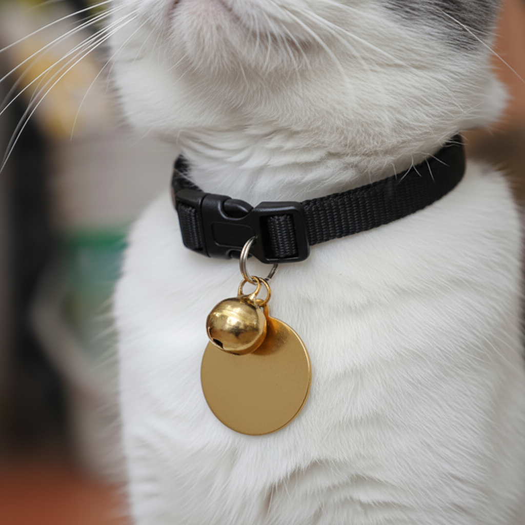 Close-up detail of breakaway buckle mechanism and gold bell on cat collar