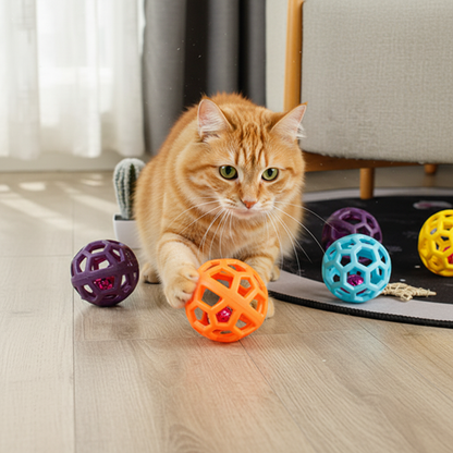 Cat playing with orange hollow jingle ball on wooden floor
