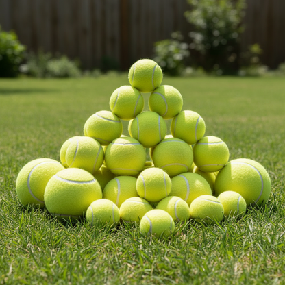 Dog tennis balls in small medium and large sizes on green grass outdoors