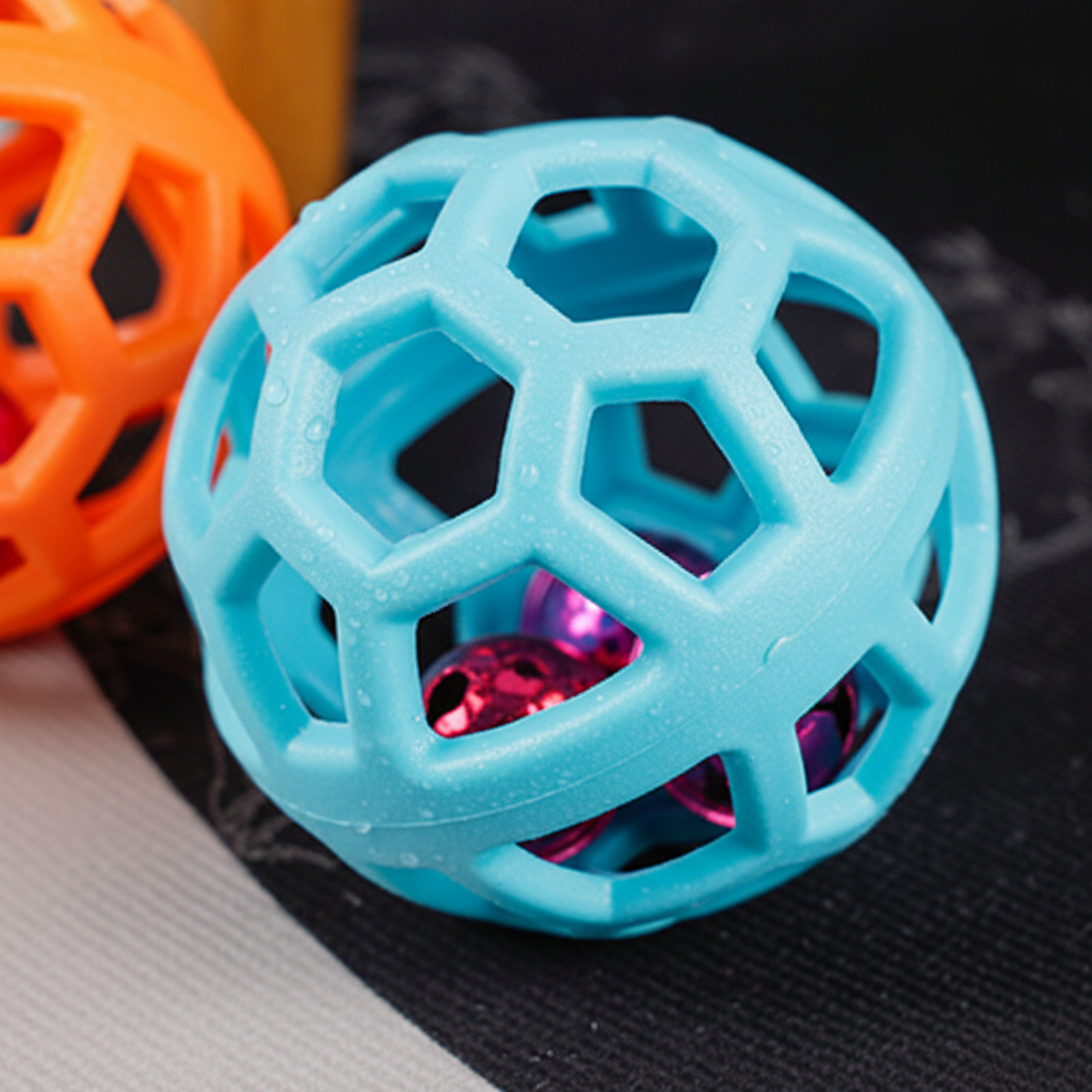Close-up of teal hollow lattice rubber ball showing bells inside