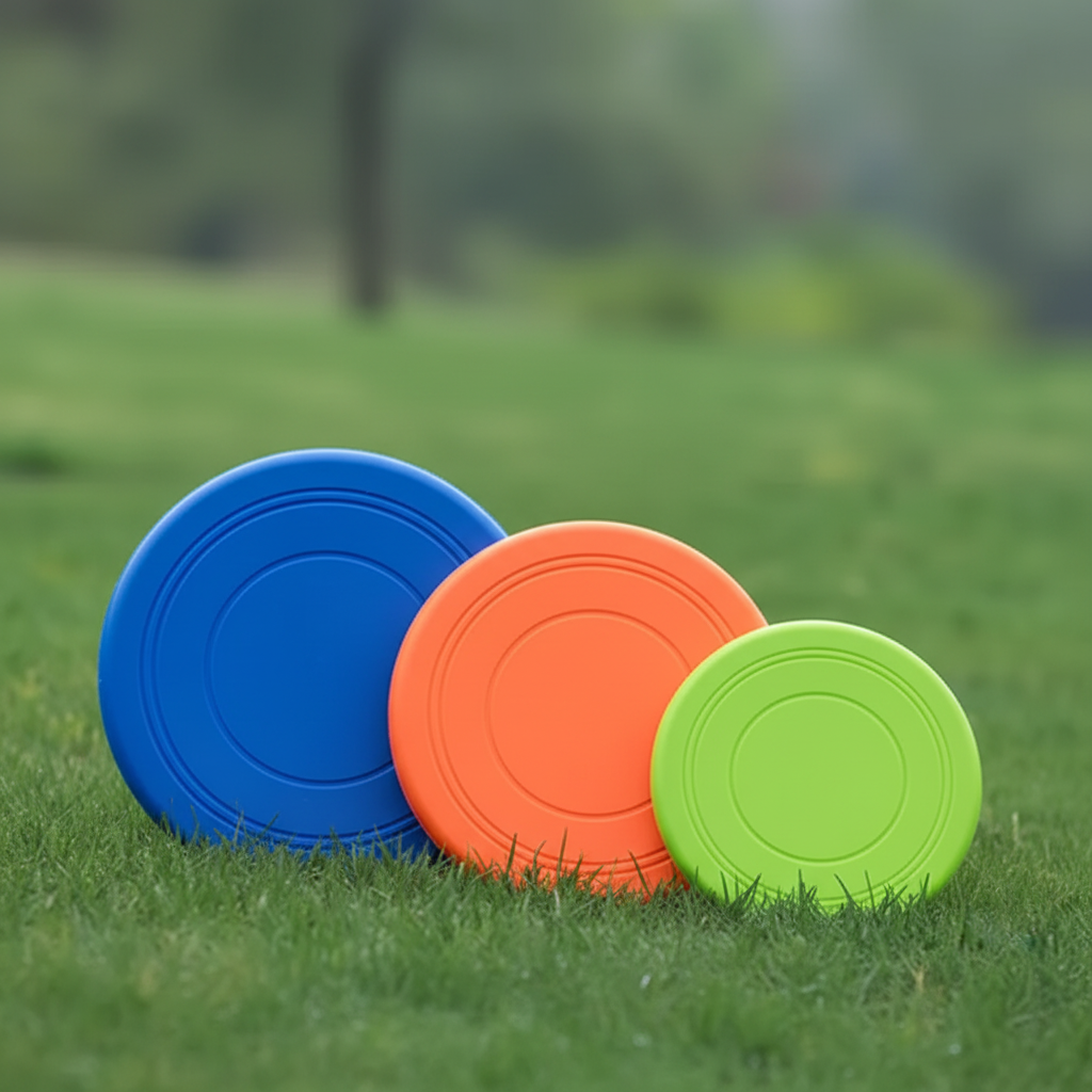 Three rubber dog frisbees in orange blue and green on grass outdoors