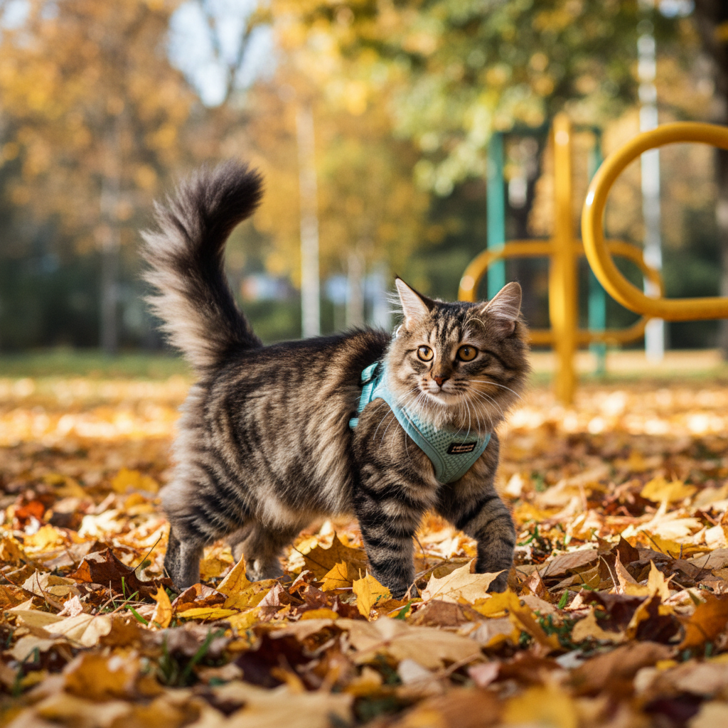 Tabby cat wearing blue mesh harness walking in autumn park