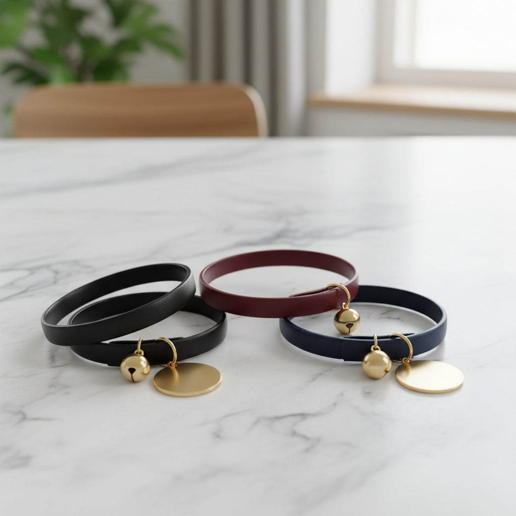 Three cat collars in black burgundy and navy with gold bells on marble surface
