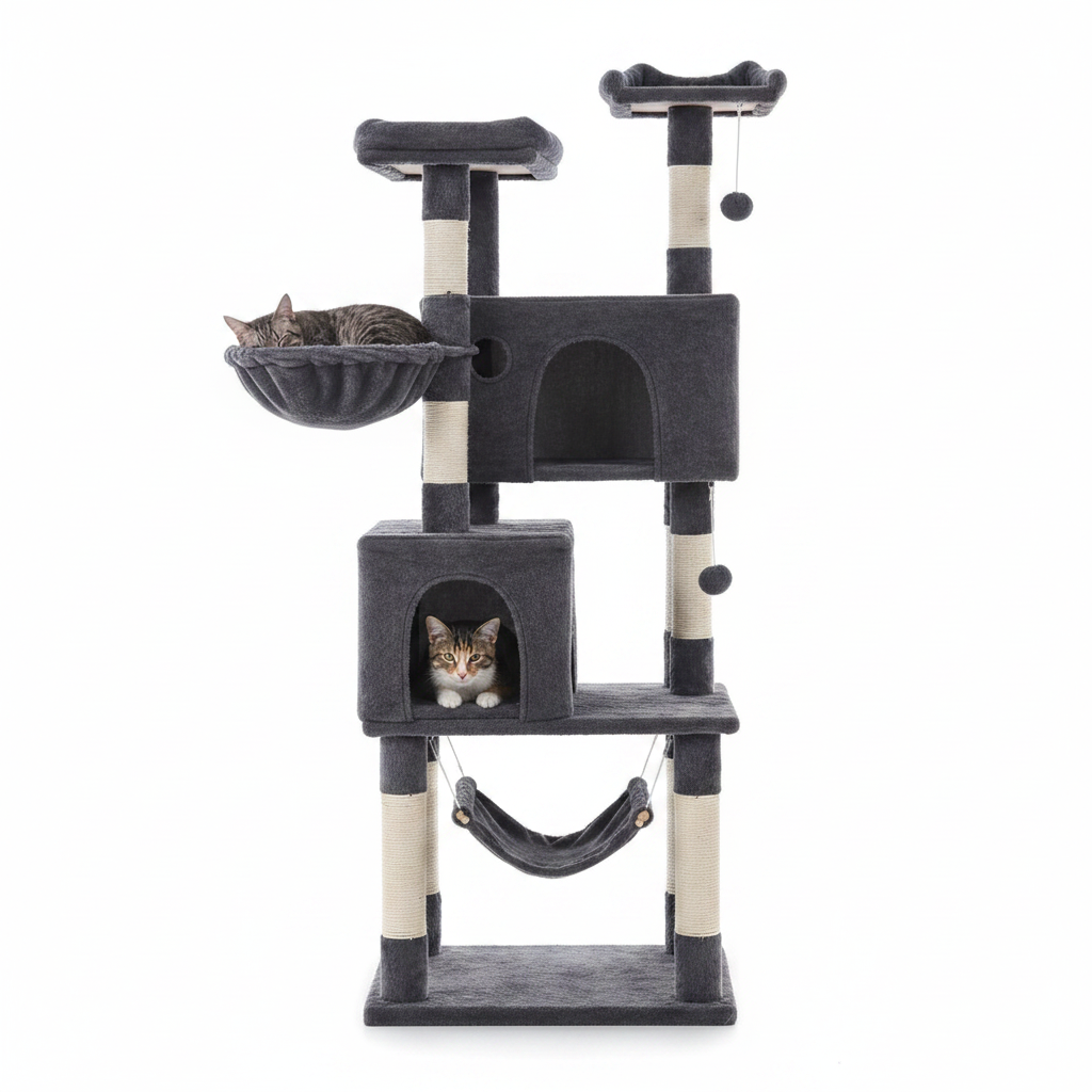Cat tree tower side view with cats