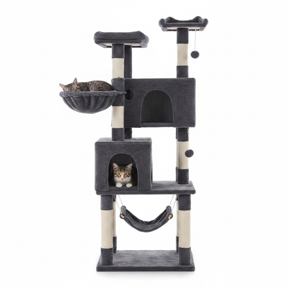 Cat tree tower side view with cats