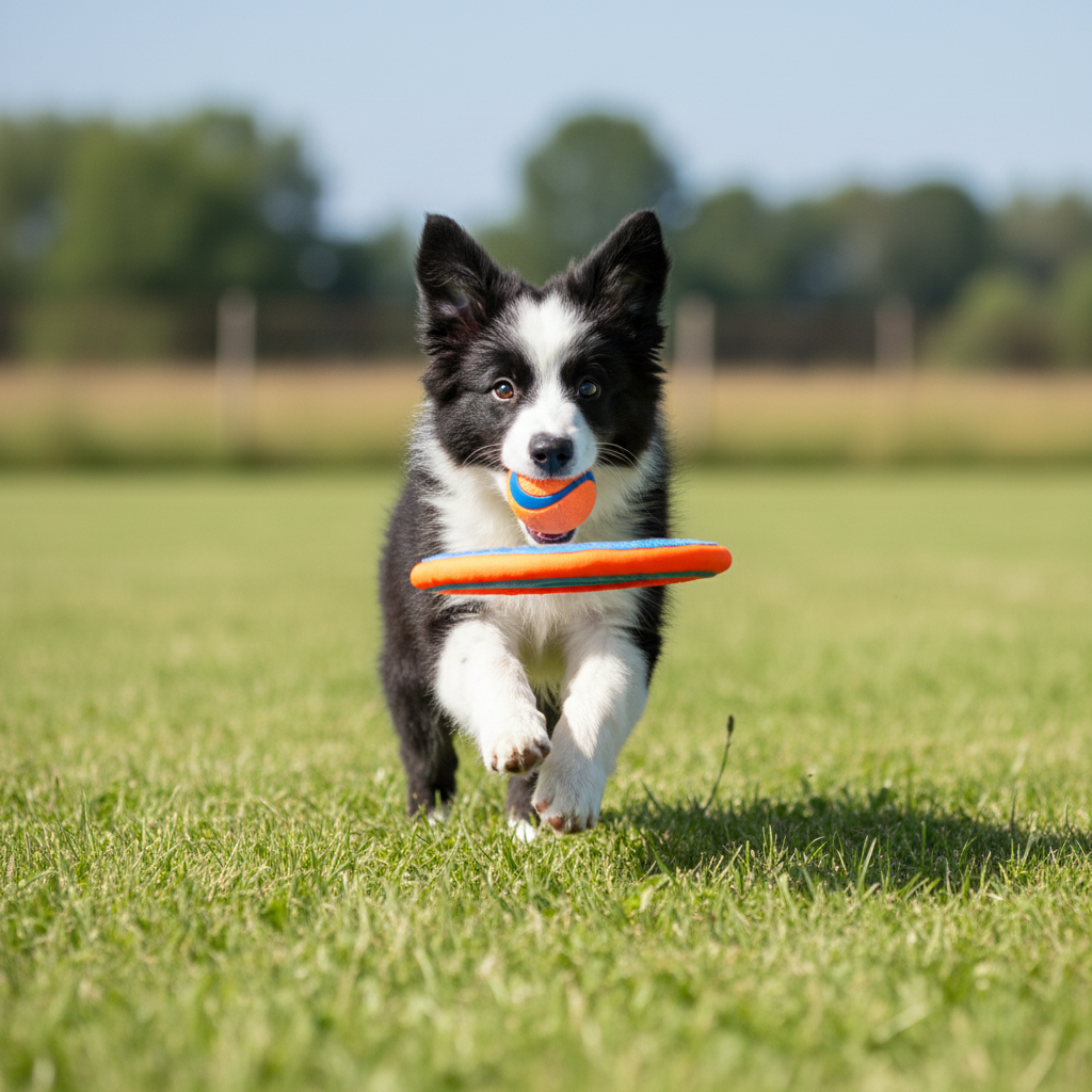 Dog playing fetch with frisbee toy outdoors on green grass