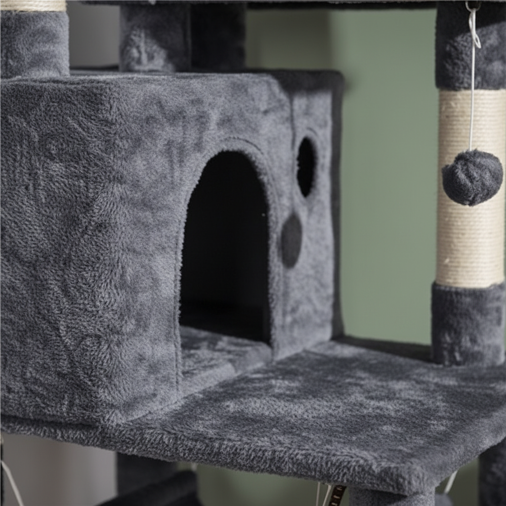 Close-up detail of sisal scratching post and plush fabric