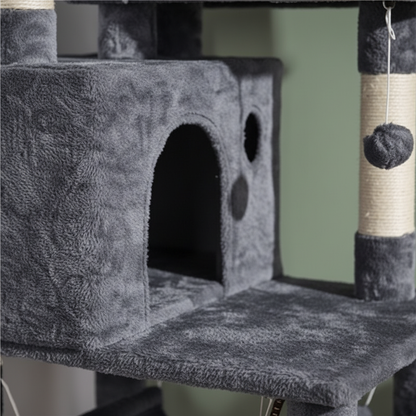Close-up detail of sisal scratching post and plush fabric