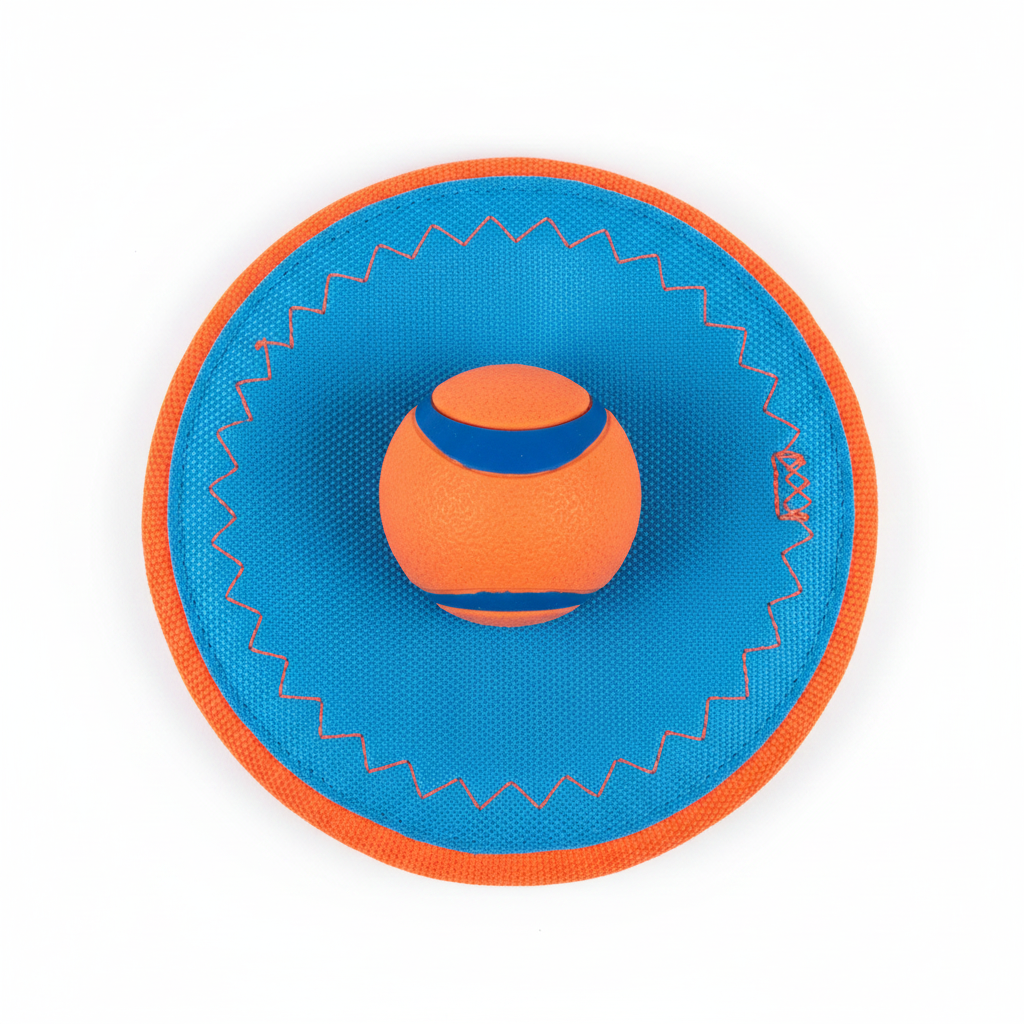 Blue and orange dog frisbee with ball, top-down view on white background